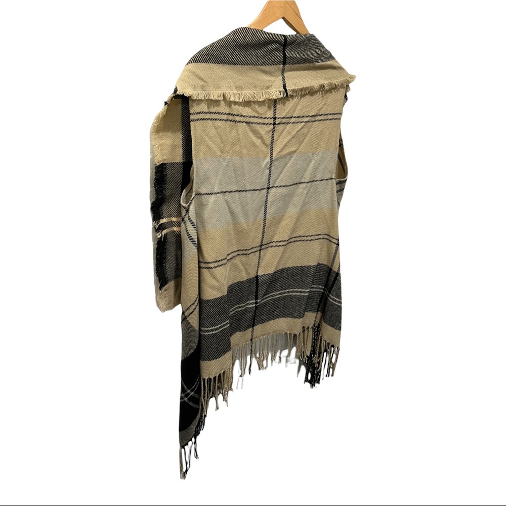 LILDY PLAID BEIGE AND BLACK FRINGED OPEN FRONT WATERFALL CARDIGAN VEST SZ L/XL - Picture 10 of 11